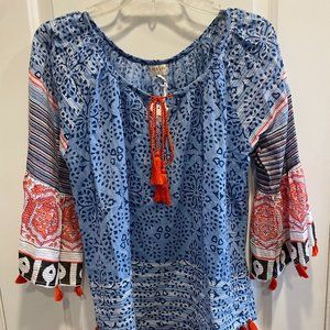 Lula Soul Bohemian Festival Bell Sleeve Peasant Blouse, Size S, New with tags